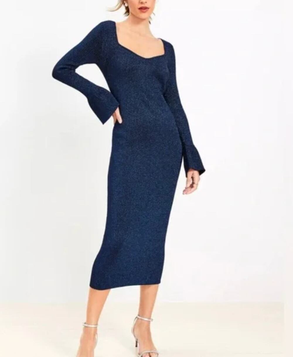 LOFT Ribbed Trumpet Sleeve Midi Pencil Sweater Dress L Blue Metallic